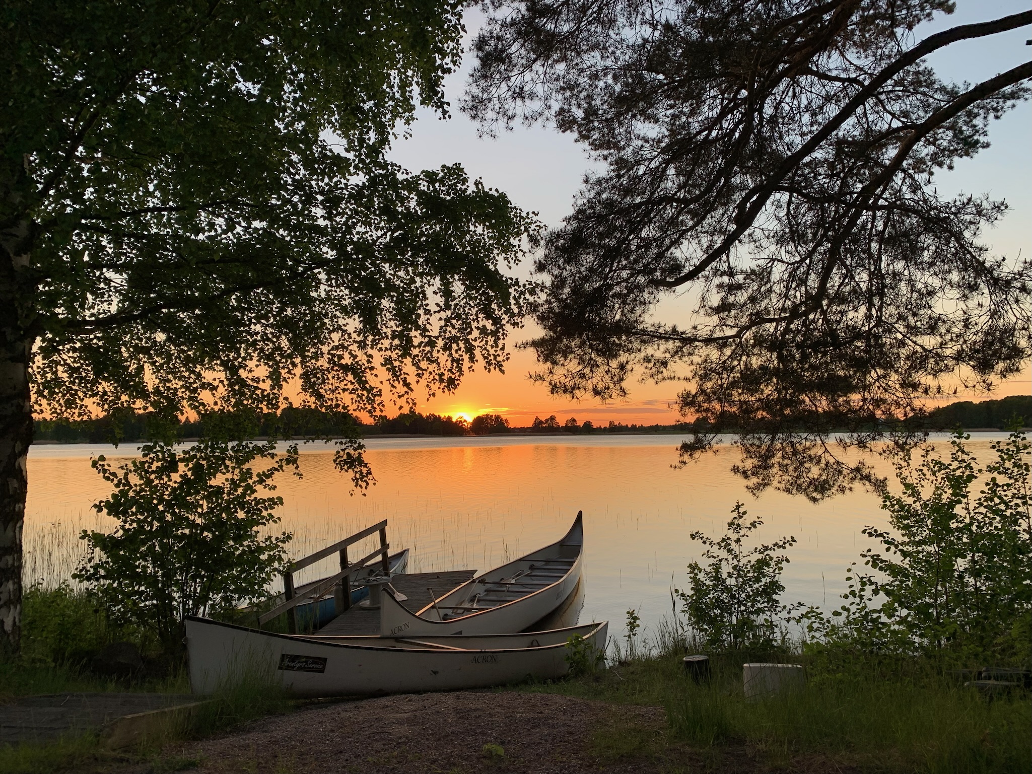 Kanoter ligger vid stranden under träden i solnedgången