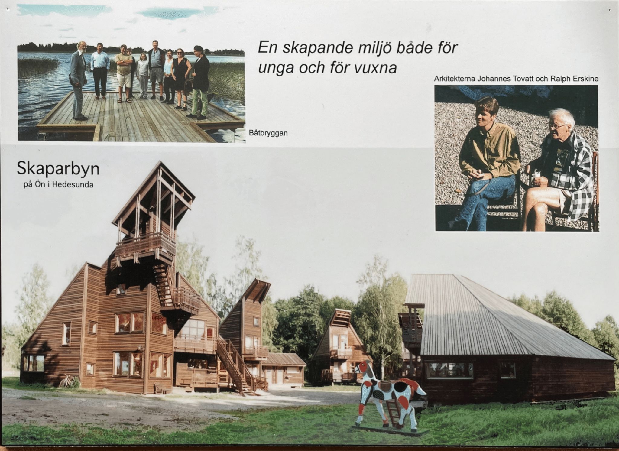 Kollage med Skaparbyns byggnader, en grupp på bryggan och två sittande personer