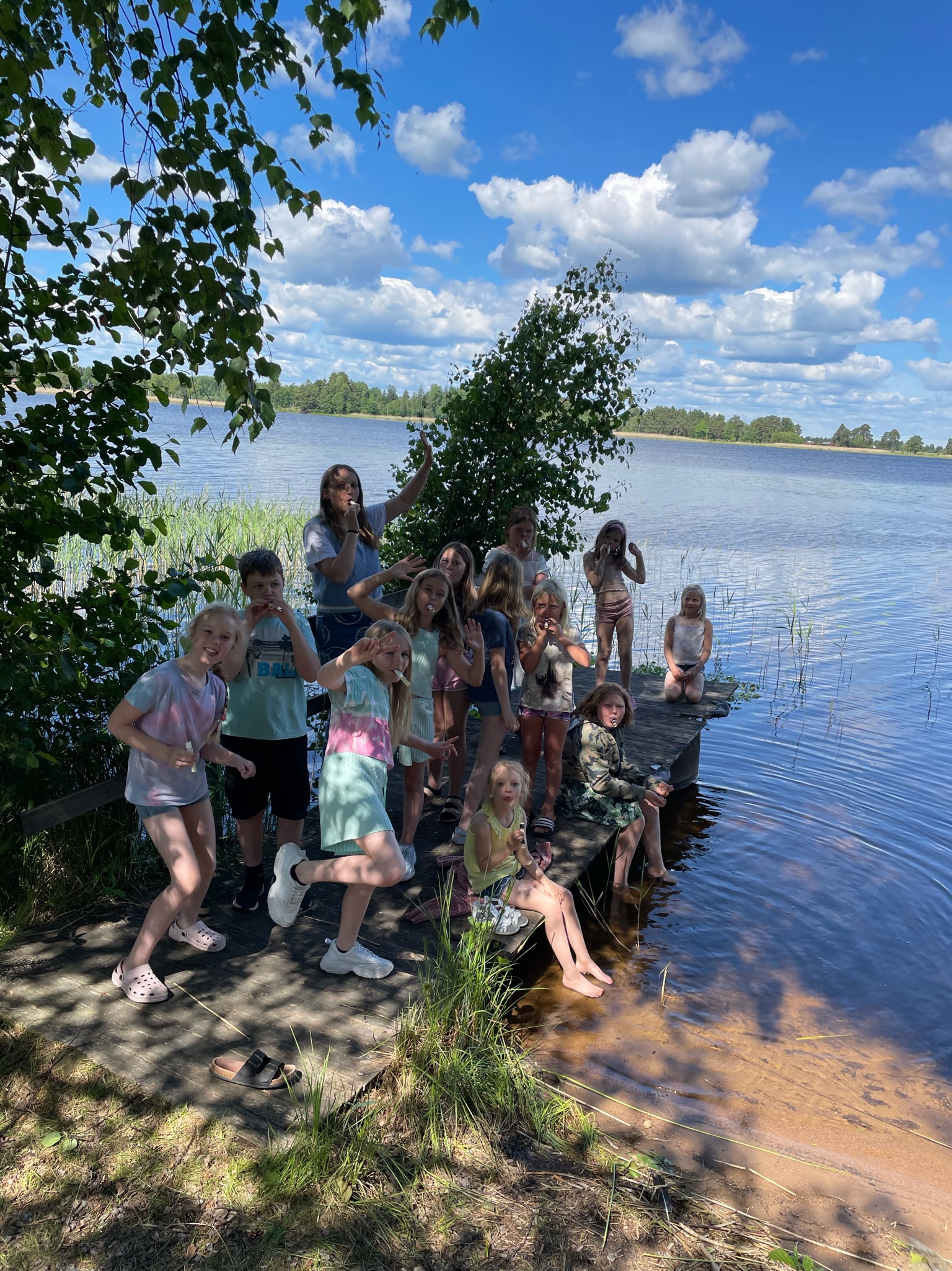 Lägergruppen samlad på stranden vid älven