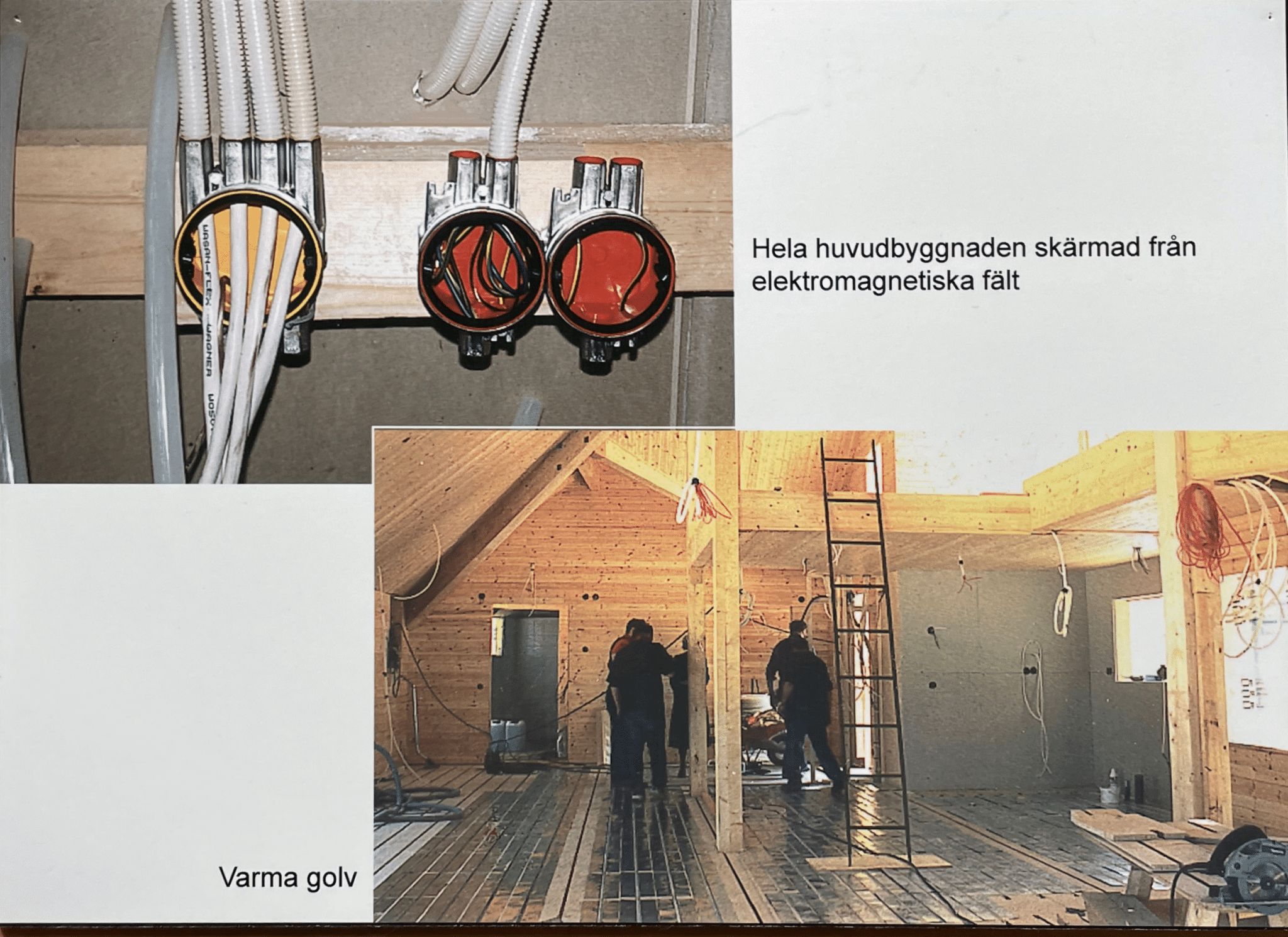 Kollage med elinstallationer och arbete med golv inne i träbyggnaden