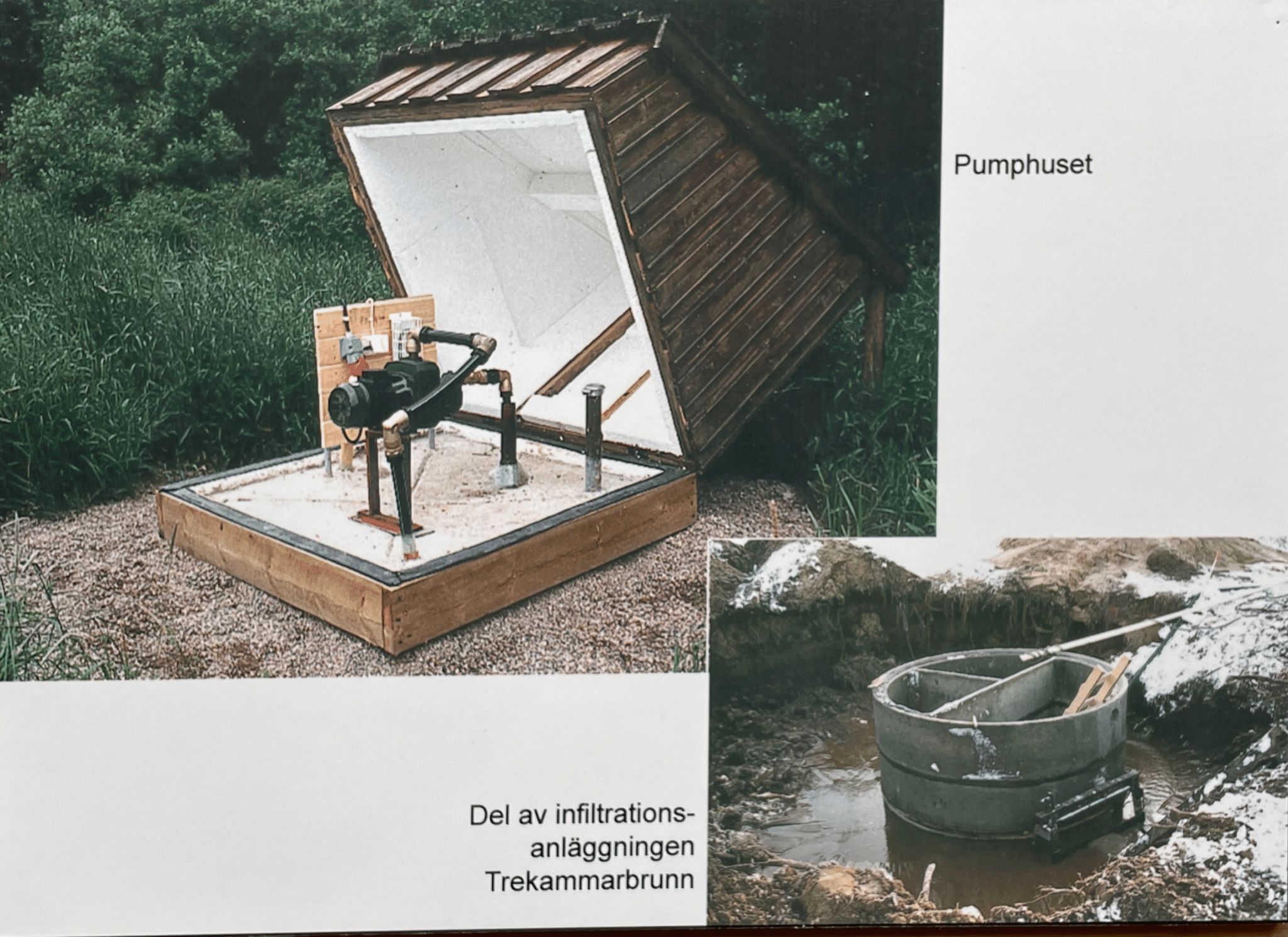 Kollage med öppet pumphus och en trekammarbrunn under installation