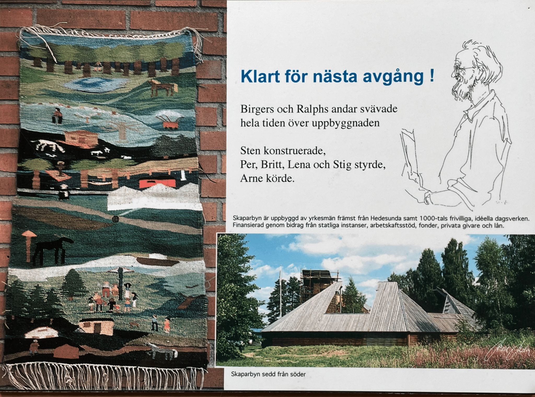 Historiekollage med en bildväv, en tecknad person och Skaparbyn sedd från söder